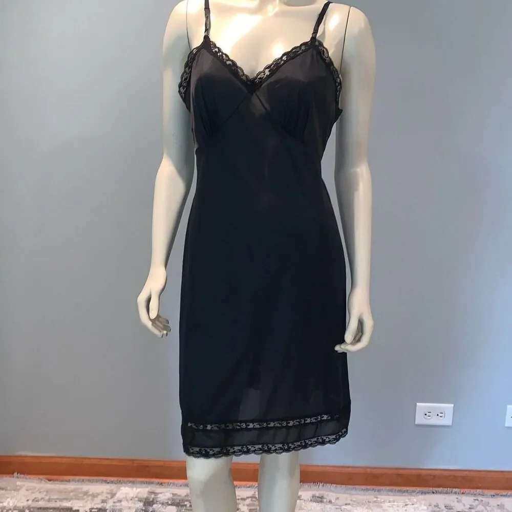 Vintage Slip Dress Black Lace Lingerie Sliperfection Nylon Tricot Antron III - Picture 1 of 11